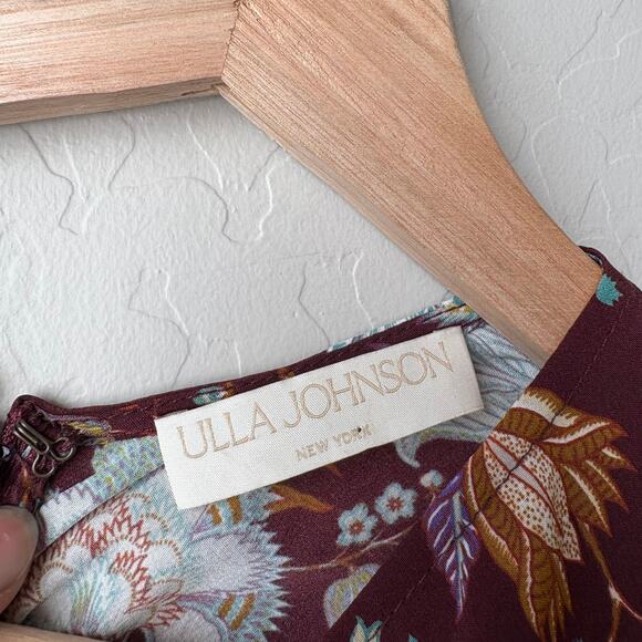 Ulla Johnson Dress‎ Silk Floral Puff Sleeve Red Ruched Heleen Midi Dress Size 0 - Picture 5 of 9